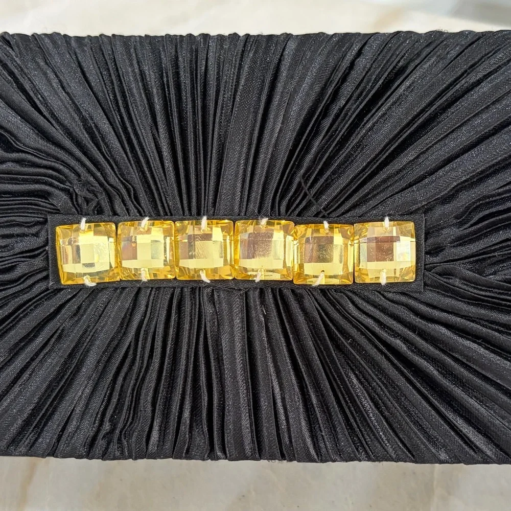 Black Pleated Evening Clutch with Gold Gem Detail